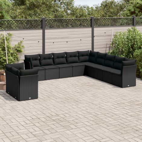 Ensemble Salon Jardin 11 Pièces Résine Tressée Noir avec Coussins - 6 Sièges Centraux + 5 Sièges d'Angle - Mobilier Extérieur Modulaire