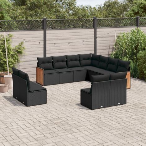 Ensemble Salon Jardin 11 Pièces Résine Tressée Noir avec Coussins - Canapé d'Angle, Sièges Centraux et Accoudoirs