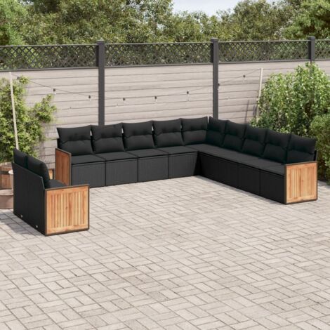 Ensemble Salon Jardin 11 Pièces Résine Tressée Noir avec Coussins - Canapé d'Angle, Sièges Centraux et Accoudoirs - Modulaire et Confortable