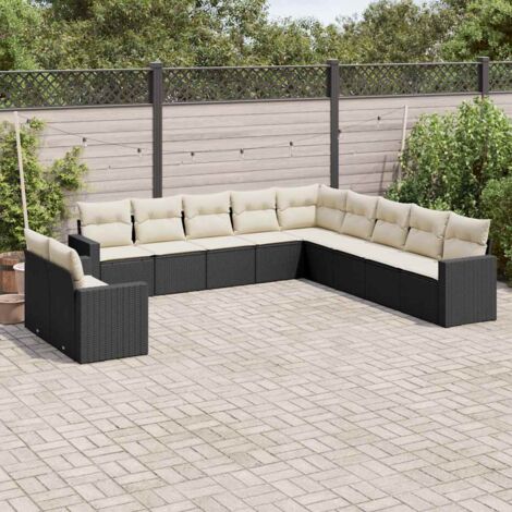 Ensemble Salon Jardin 11 Pièces Résine Tressée Noir avec Coussins Crème - Meuble Extérieur Modulaire