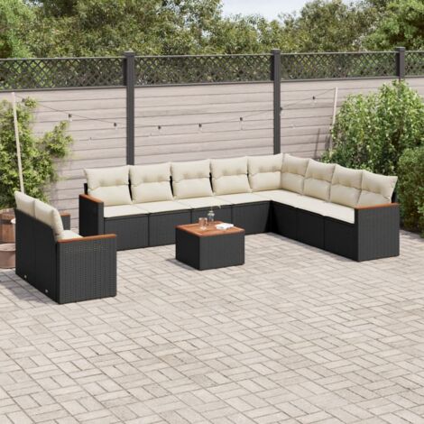Ensemble Salon Jardin 11 Pièces Résine Tressée Noir avec Coussins Crème - Mobilier Extérieur Modulaire avec Table Acacia et Sièges de Rangement