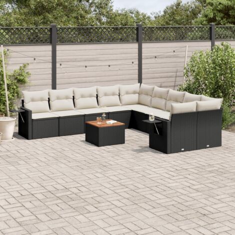 Ensemble Salon Jardin 11 Pièces Résine Tressée Noir avec Coussins Crème - Stockage Intégré, Modulaire, Table Acacia