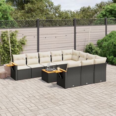 Ensemble Salon Jardin 11 Pièces Résine Tressée Noir avec Coussins Crème - Table et Sièges Modulaires Rangement Intégré