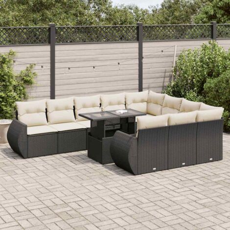 Ensemble salon jardin 11 pièces résine tressée noir avec coussins crème, table réglable et rangement intégré