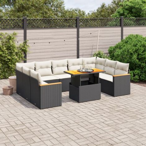 Ensemble Salon Jardin 11 Pièces Résine Tressée Noir avec Coussins Crème - Table Réglable Hauteur, Meuble Extérieur Modulaire