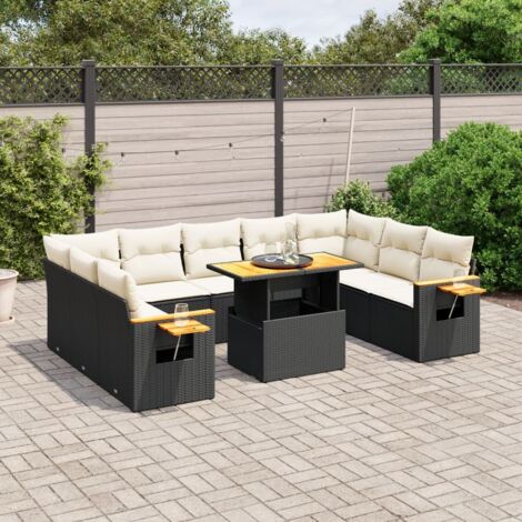 Ensemble Salon Jardin 11 Pièces Résine Tressée Noir avec Coussins Crème - Table Réglable, Mobilier Extérieur Durable