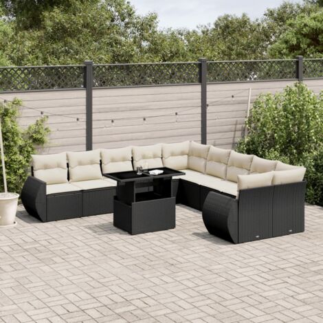 Ensemble Salon Jardin 11 Pièces Résine Tressée Noir avec Coussins Crème - Table Réglable Modulaire