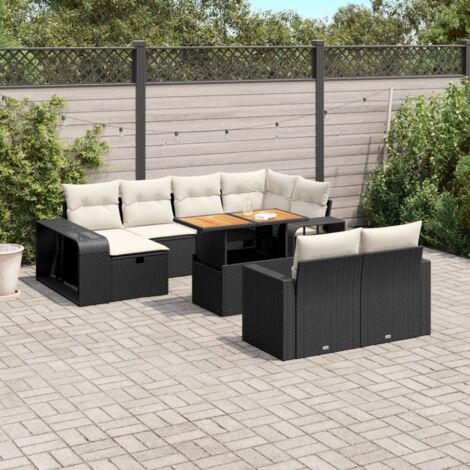 Ensemble Salon Jardin 11 Pièces Résine Tressée Noir avec Coussins Crème - Table Réglable, Modulaire, Rangement Intégré
