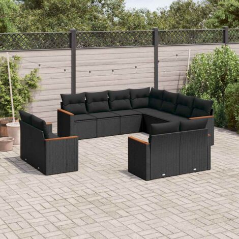 Ensemble Salon Jardin 11 Pièces Résine Tressée Noir avec Coussins - Meuble Extérieur Modulaire avec Rangement