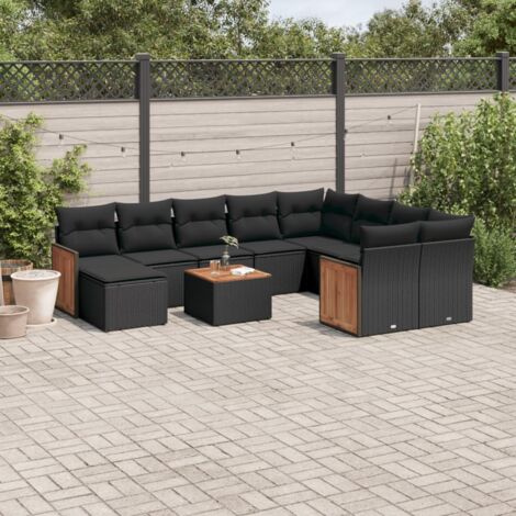 Ensemble Salon Jardin 11 Pièces Résine Tressée Noir avec Coussins - Table Acacia et Mobilier Modulaire Extérieur