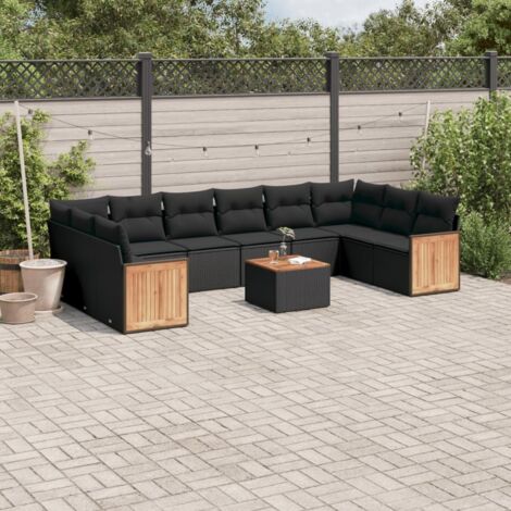 Ensemble salon jardin 11 pièces résine tressée noir avec coussins - Table acacia, modulaire, lavable