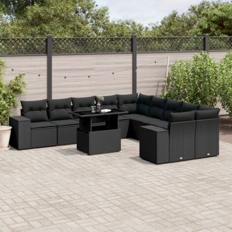 Ensemble Salon Jardin 11 Pièces Résine Tressée Noir avec Coussins - Table Réglable Hauteur, Mobilier Extérieur Modulaire