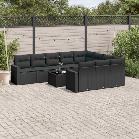 Ensemble Salon Jardin 11 Pièces Résine Tressée Noir avec Coussins - Table Verre Trempé, Modulable