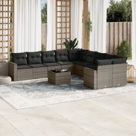 Ensemble Salon Jardin 11 Pièces Tressé Résine Gris - Fauteuils et Table avec Coussins