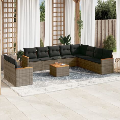 Ensemble Salon Jardin 11 Places Résine Tressée Gris avec Coussins et Table Acacia - Modulable
