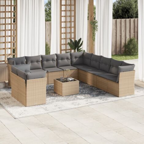 Ensemble Salon Jardin 12 pièces Résine Tressée Beige avec Coussins Gris, Table Verre Trempé, Modulaire - 6 Fauteuils + 5 Coins + 1 Table (110kg/place)