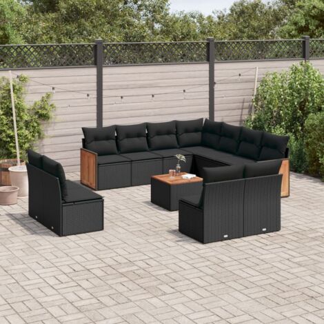 Ensemble Salon Jardin 12 Pièces Résine Tressée Noir Coussins Amovibles