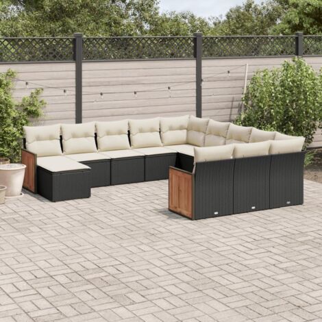 Ensemble Salon Jardin 12 Pièces Résine Tressée Noire avec Coussins Crème - Canapé d'Angle, Pouf et Coussins Lavables