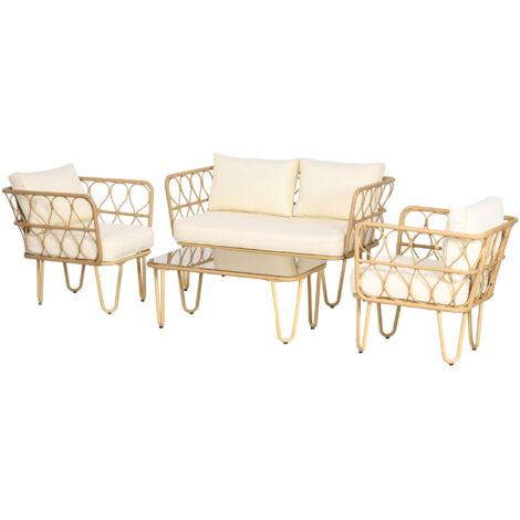 Ensemble salon jardin 2 assises + 2 fauteuils + table basse verre trempé 7 coussins écru