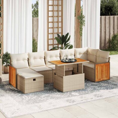 Ensemble salon jardin 3 places + table + pouf beige en résine tressée avec coussins blancs amovibles et fonction rangement