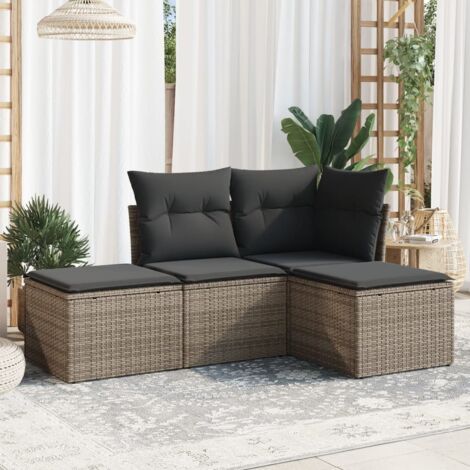 Ensemble Salon Jardin 4 Pièces Résine Tressée Gris avec Coussins Amovibles 55x55 cm