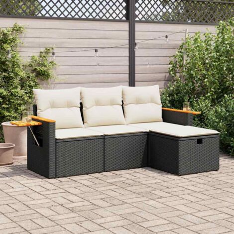 Ensemble Salon Jardin 4 Places Noire Résine Tressée avec Coussins et Rangement pour Terrasse