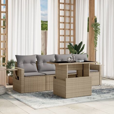 Ensemble salon jardin 5 pièces beige résine tressée avec coussins gris et table à hauteur réglable