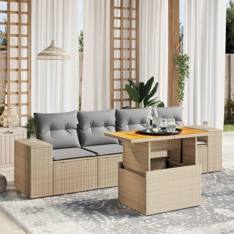 Ensemble Salon Jardin 5 Pièces en Résine Tressée Beige avec Table Réglable et Coussins Gris Lavables - Modèle Canapé + Fauteuils + Table Basse Convertible
