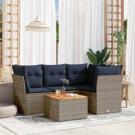 Ensemble Salon Jardin 5 Pièces en Résine Tressée Gris avec Coussins Navy, Tabourets de Rangement et Table en Acacia, Modulaire pour Terrasse