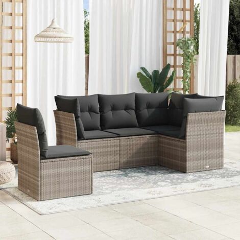 Ensemble Salon Jardin 5 Pièces Gris Clair Résine Tressée avec Coussins et Rangement Modulable