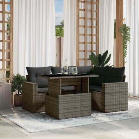 Ensemble Salon Jardin 5 Pièces Gris Résine Tressée avec Coussins et Table Réglable, Modulaire