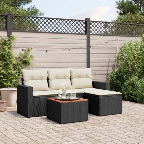 Ensemble Salon Jardin 5 Pièces Noir Résine Tressée avec Coussins Crème - Canapé, Table Acacia et Repose-Pieds - Mobilier Extérieur Modulaire