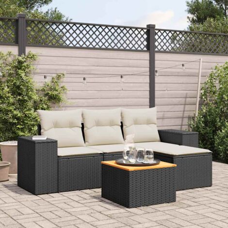 Ensemble Salon Jardin 5 Pièces Noir Résine Tressée avec Coussins Crème - Stockage Intégré, Table Acacia, Modulaire
