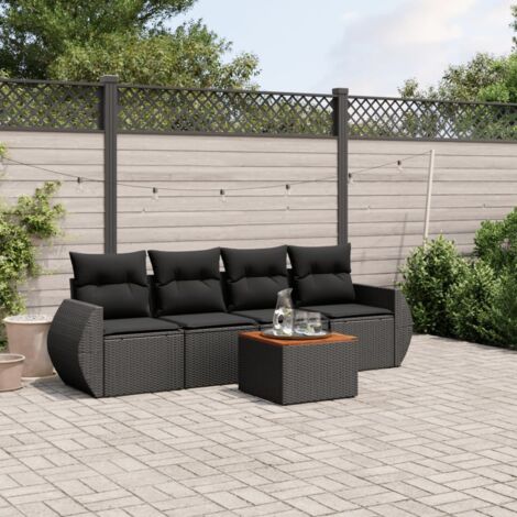 Ensemble Salon Jardin 5 Pièces Noir Résine Tressée avec Coussins - Table Acacia - Modulaire