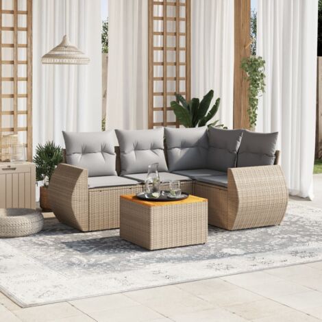 Ensemble Salon Jardin 5 Pièces Résine Tressée Beige avec Coussins Gris Modulable Table Acacia Massif L: 55 x P: 55 x H: 37 cm