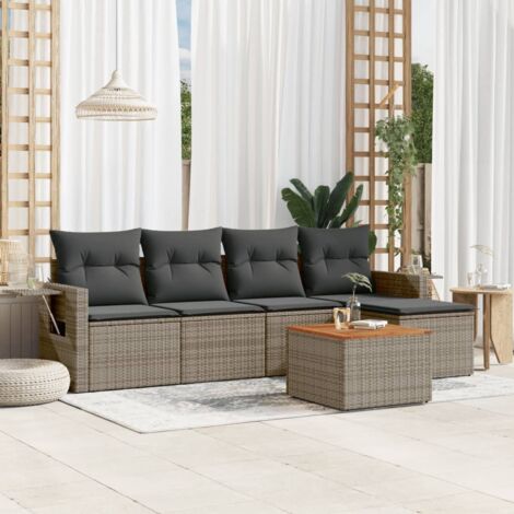 Ensemble Salon Jardin 5 Pièces Résine Tressée Noir avec Coussins Crème et Table Acacia Modulable