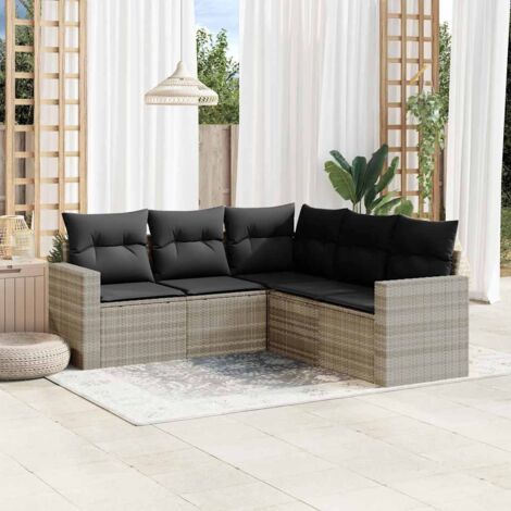 Ensemble Salon Jardin 5 Pièces Tressé Résine Gris avec Coussins Détachables et Rangement