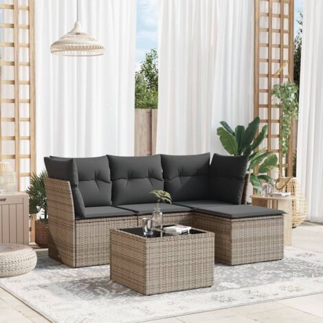 Ensemble Salon Jardin 5 Pièces Tressé Résine Grise avec Coussins Confortables - Table Verre Trempé Modulable