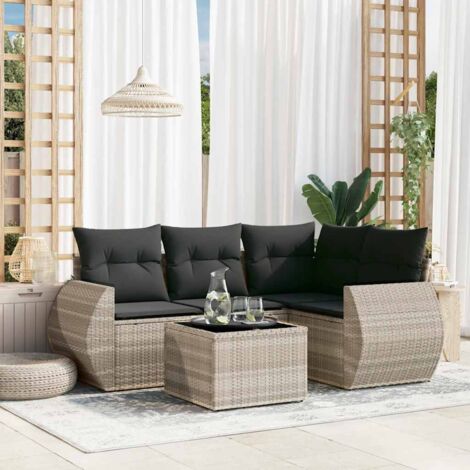Ensemble salon jardin 5 places en résine tressée gris clair avec coussins gris foncé, table en verre trempé, rangement intégré