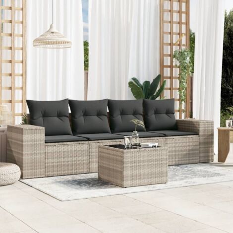 Ensemble salon jardin 5 places en résine tressée gris clair avec coussins gris foncé, table verre trempé et rangement intégré