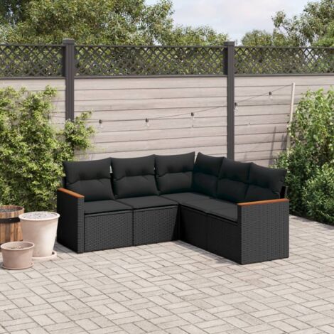 Ensemble Salon Jardin 5 Places Noir Résine Tressée avec Coussins - Canapé d'Angle Modulaire avec Rangement et Housse Lavable