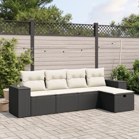 Ensemble Salon Jardin 5 Places Noir Résine Tressée avec Coussins Crème - 2 Canapés, 2 Sièges, 1 Pouf Modulable
