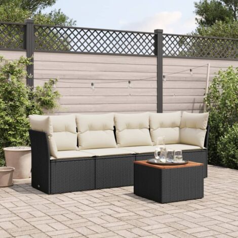Ensemble Salon Jardin 5 Places Noir Résine Tressée avec Coussins Crème - Canapés d'Angle et Central, Table Acacia, Modulable