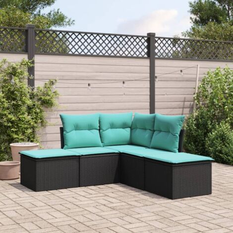 Ensemble Salon Jardin 5 Places Noir Résine Tressée avec Coussins Crème - Meuble Extérieur Modulaire avec Rangement