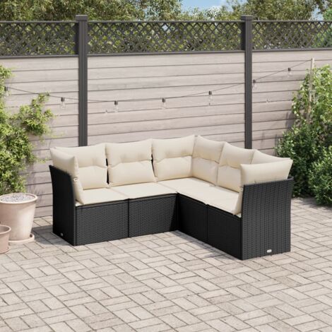 Ensemble Salon Jardin 5 Places Noir Résine Tressée avec Coussins Crème - Meuble Extérieur Modulaire avec Rangement