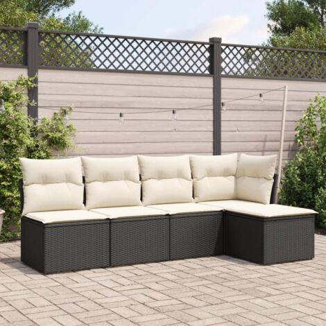 Ensemble Salon Jardin 5 Places Noir Résine Tressée avec Coussins Crème - Meuble Extérieur Modulaire avec Rangement et Housse Lavable