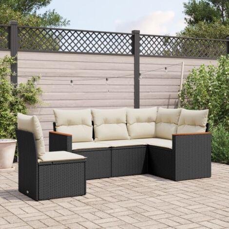 Ensemble Salon Jardin 5 Places Noir Résine Tressée avec Coussins Crème - Meuble Extérieur Modulaire avec Rangement et Housse Lavable
