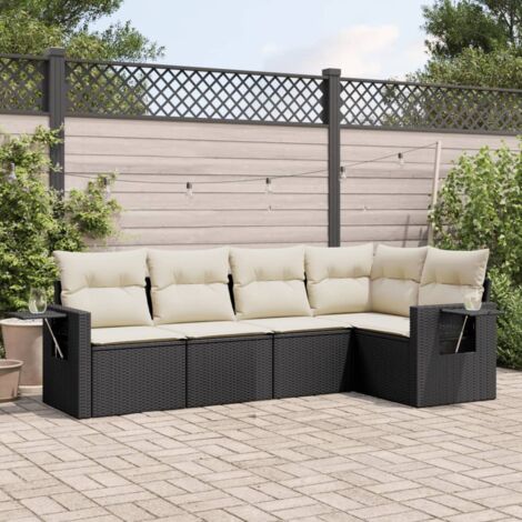 Ensemble Salon Jardin 5 Places Noir Résine Tressée avec Coussins Crème - Meuble Extérieur Modulaire avec Rangement et Table d'Appoint
