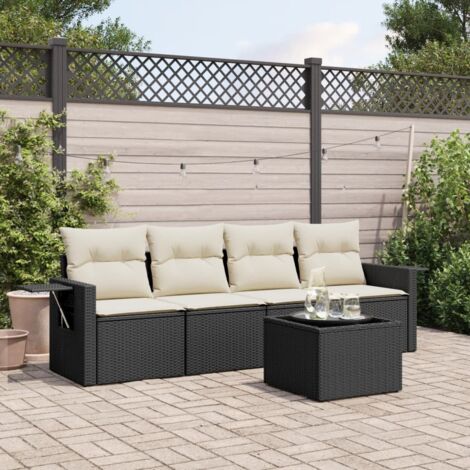 Ensemble Salon Jardin 5 Places Noir Résine Tressée avec Coussins Crème - Table Incluse - Modulable et Résistant aux Intempéries