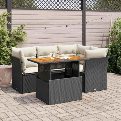 Ensemble Salon Jardin 5 Places Noir Résine Tressée avec Coussins Crème - Table Modulable Acacia, Stockage Intégré